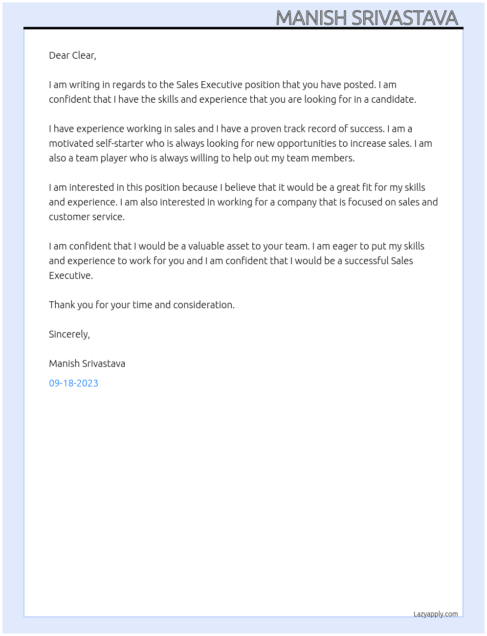 Sales Executive  At Clear  Cover Letter