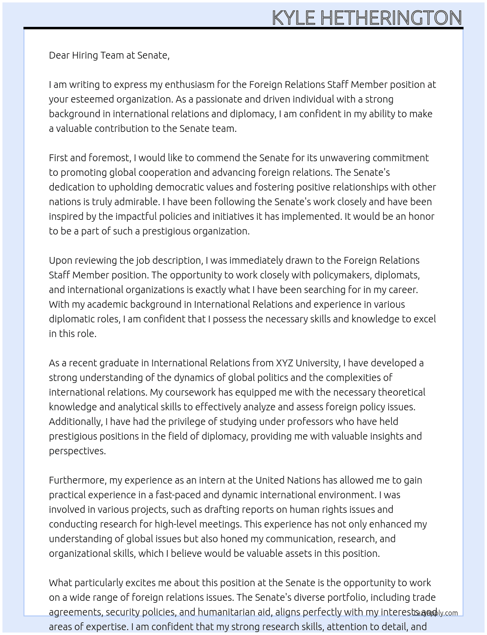 foreign relations staff member At Senate Cover Letter