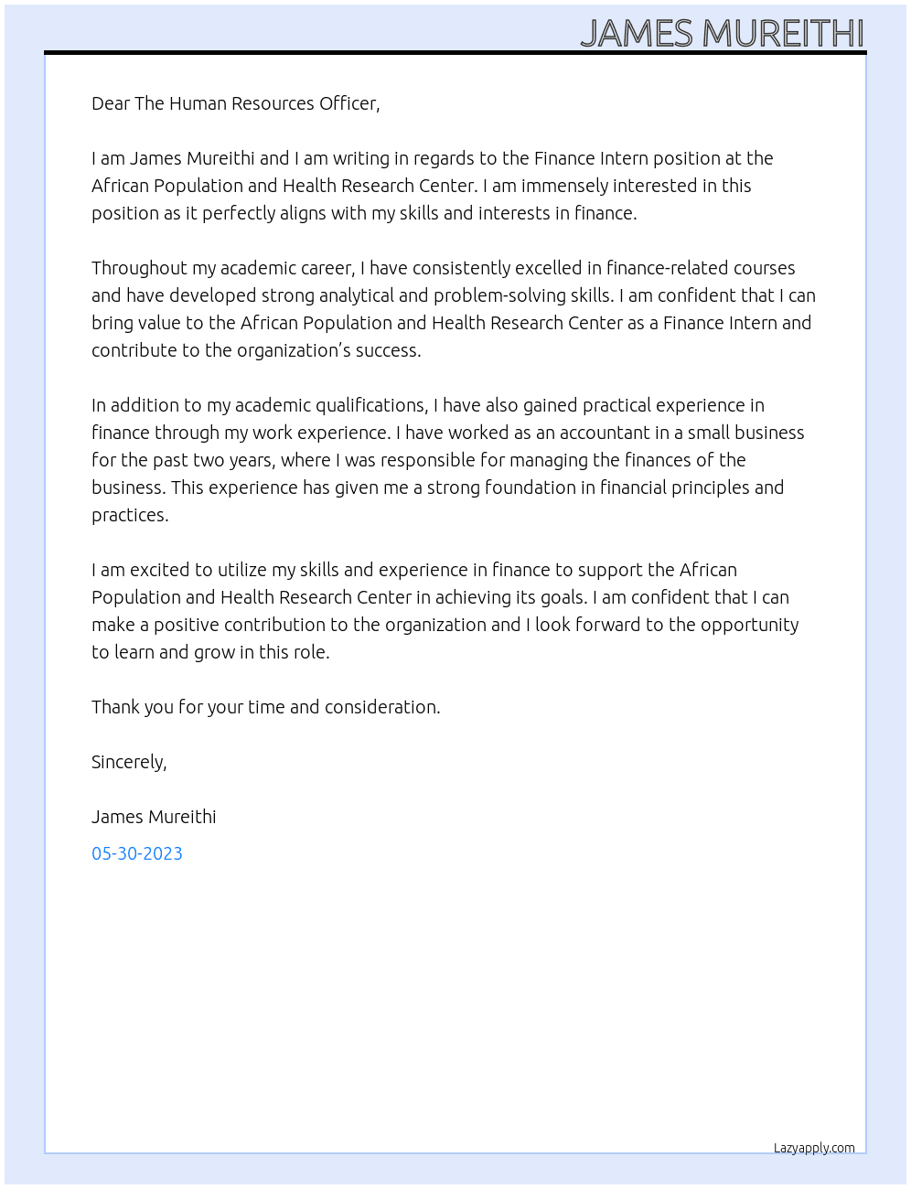 Finance Intern At African Population and Health Research Center Cover Letter