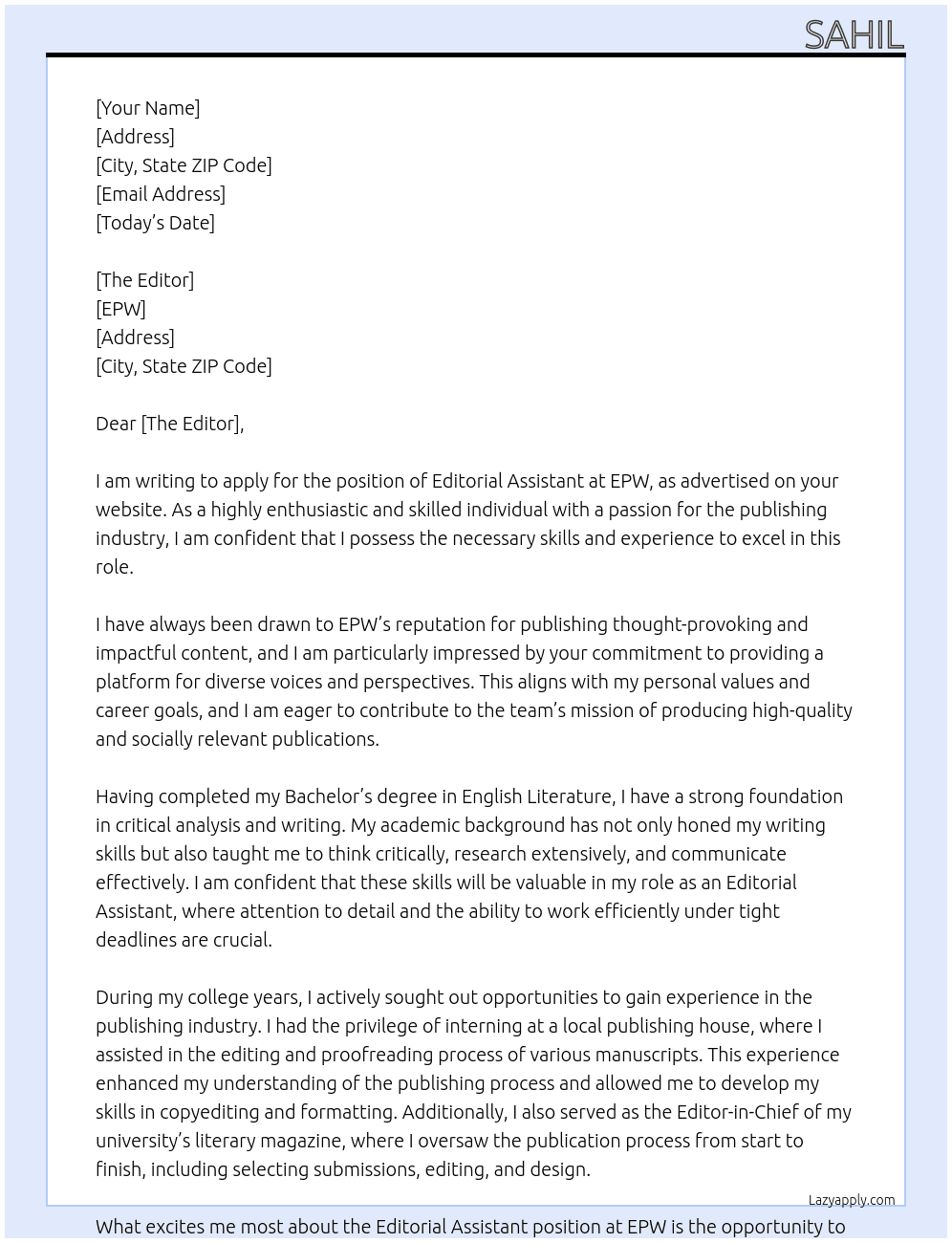Editorial Assistant At EPW Cover Letter