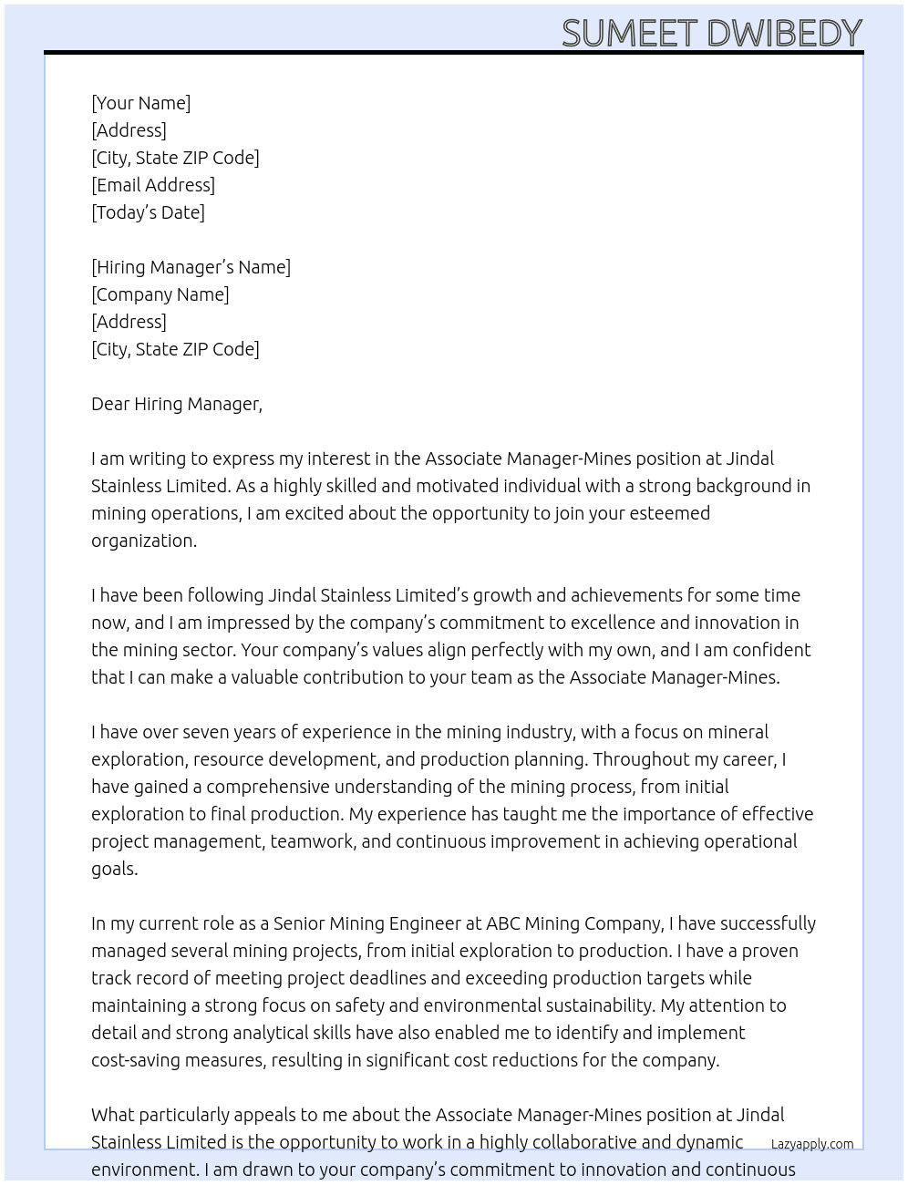 Associate Manager-Mines At Jindal Stainless Limited Cover Letter