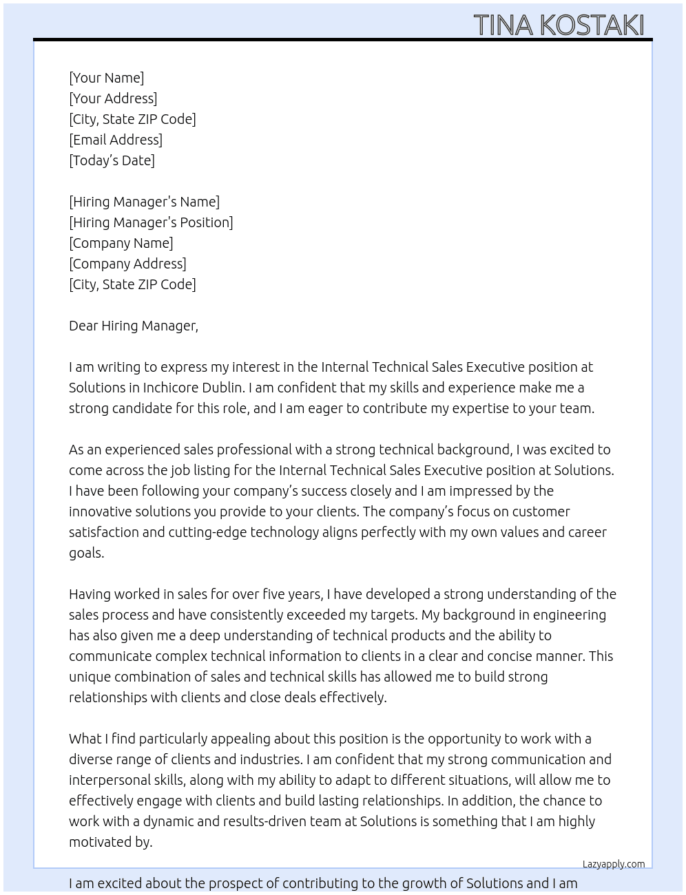 Internal technical sales executive  At Solutions  Cover Letter