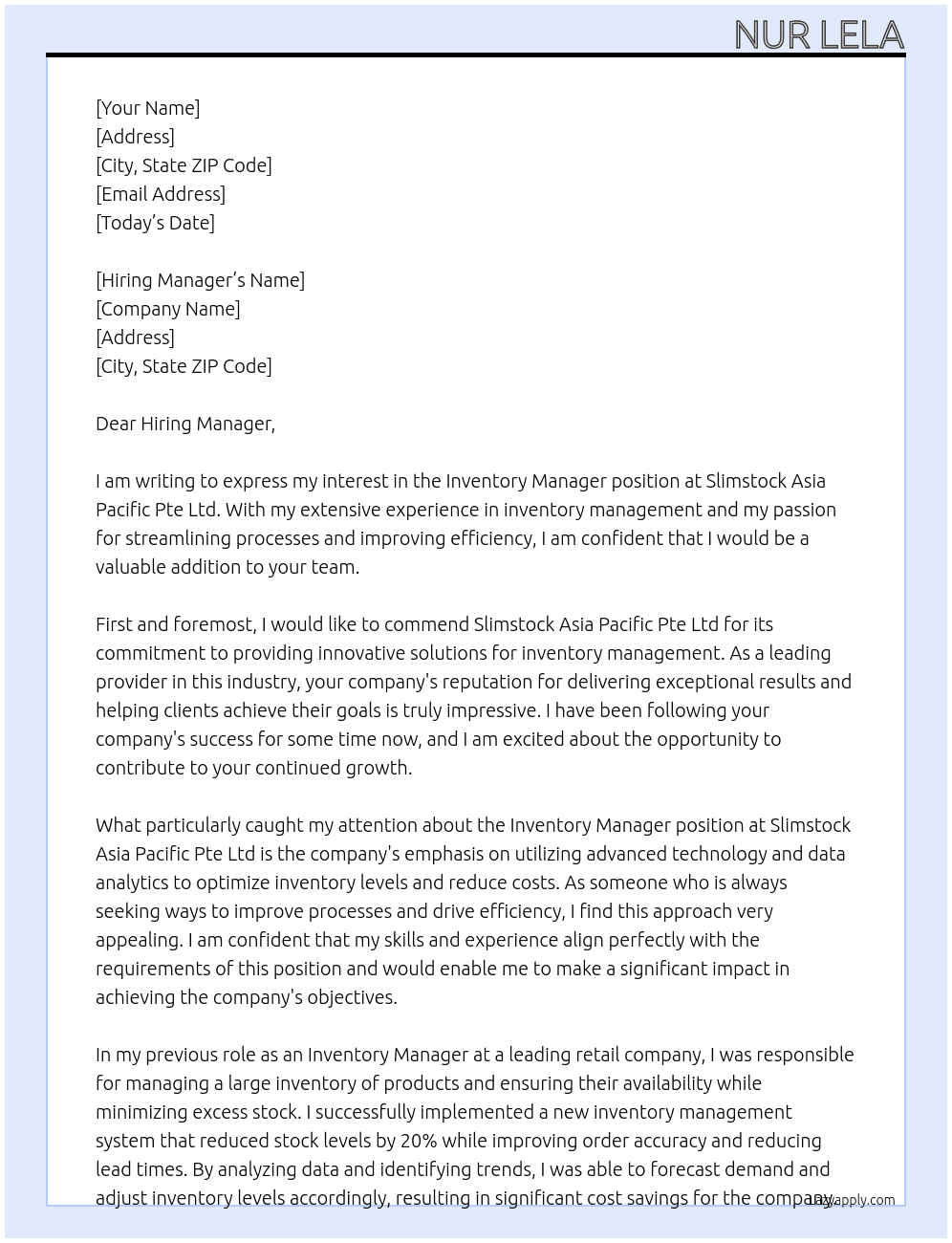 Inventory Manager At Slimstock Asia Pacific Pte Ltd Cover Letter