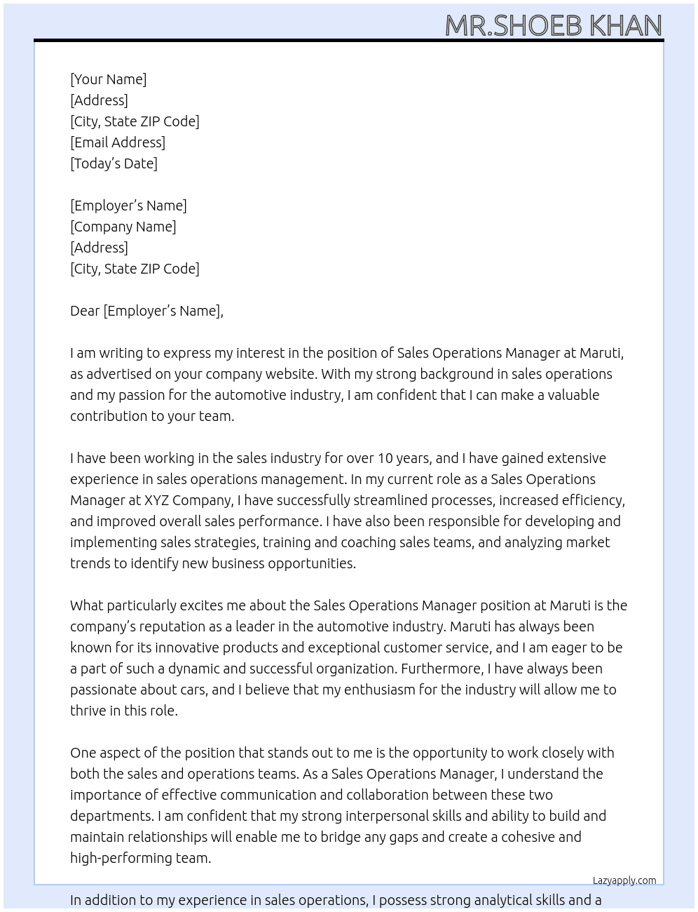 Sales operations manager At Maruti Cover Letter