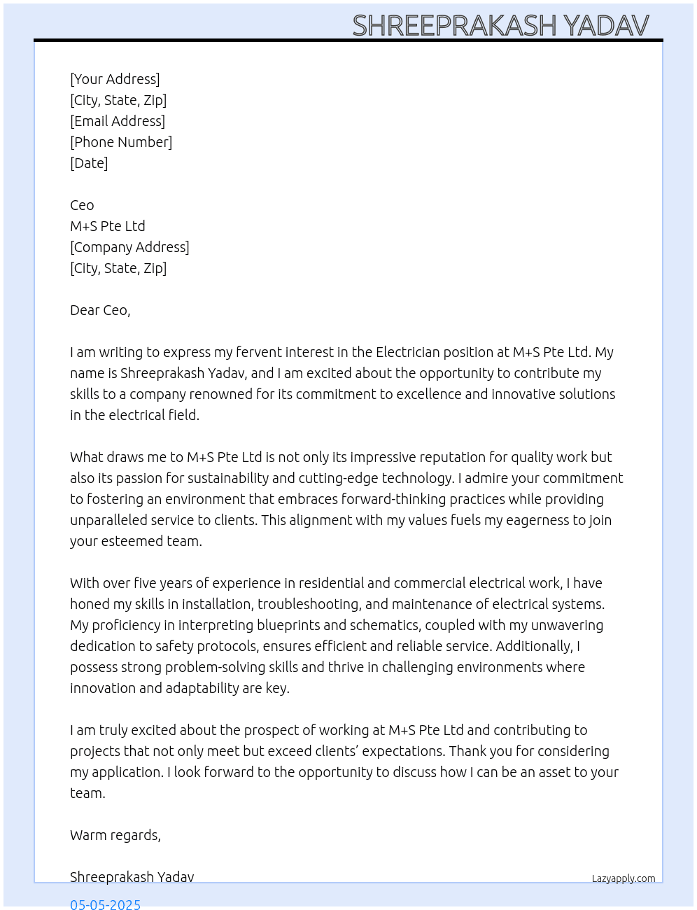Electrician At M+S pte ltd Cover Letter
