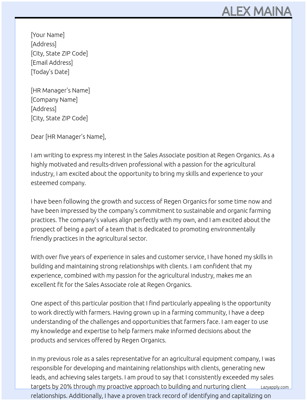 Sales associate in an agricultural company At Regen aorganics Cover Letter