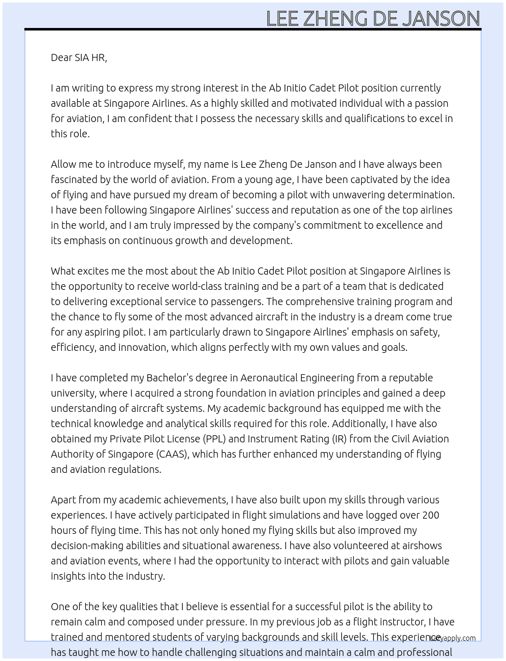 Cover letter for ab initio cadet pilot - LazyApply