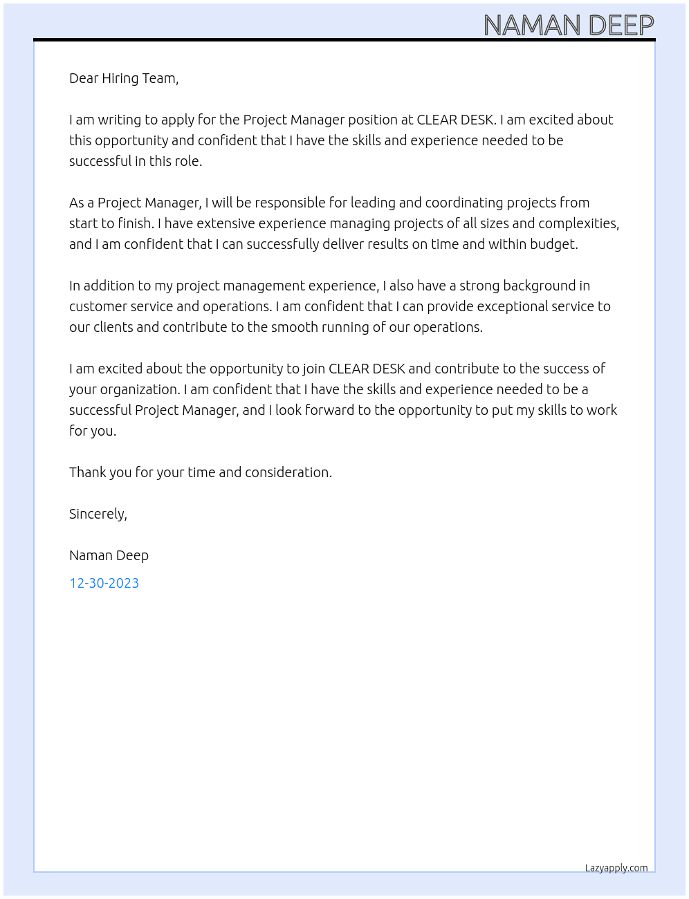 Project Manager At CLEAR DESK Cover Letter