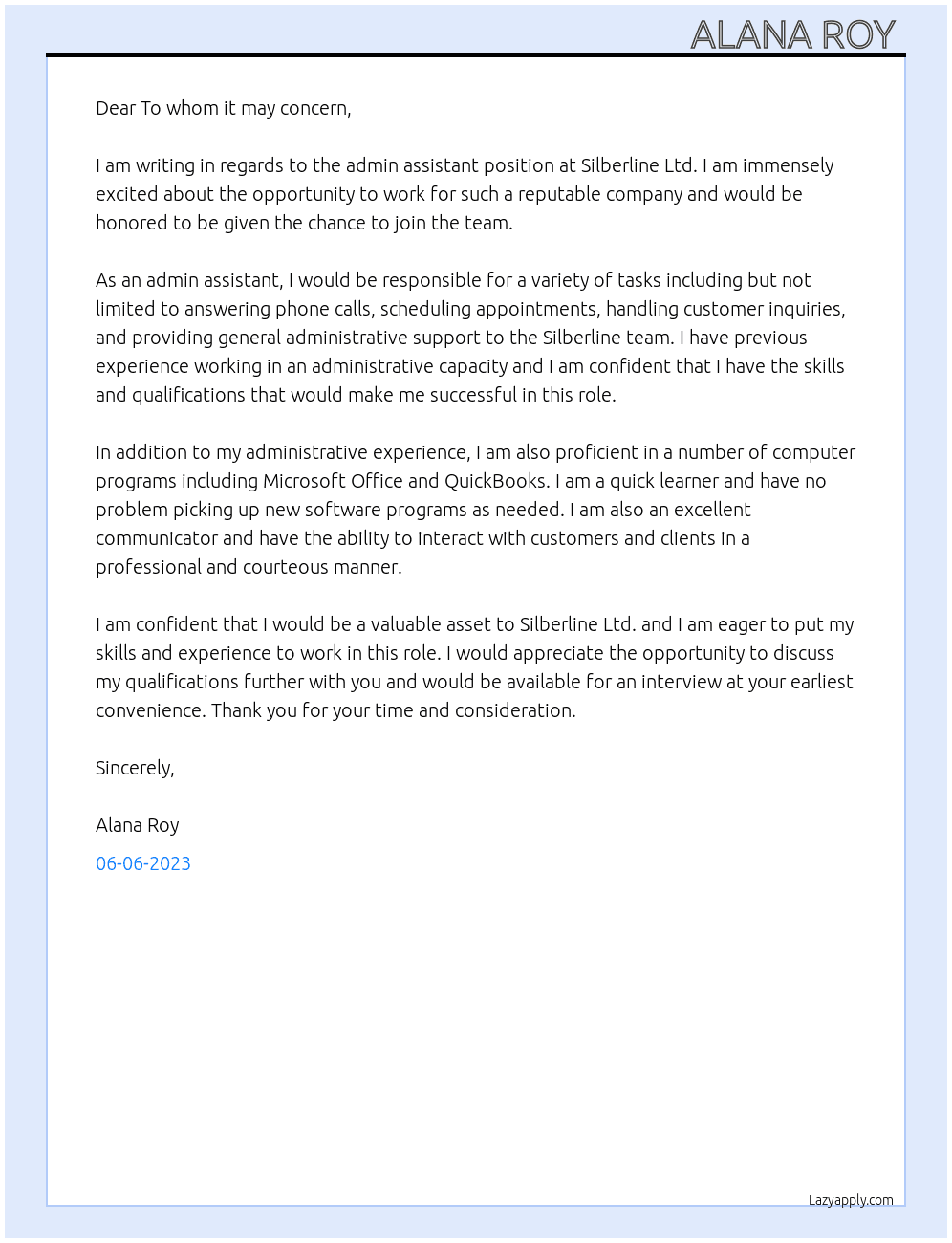 Admin assistant  At Silberline ltd Cover Letter