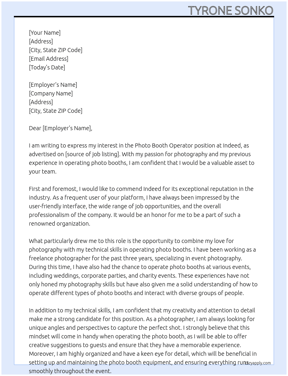 Cover letter for photo booth operator - LazyApply