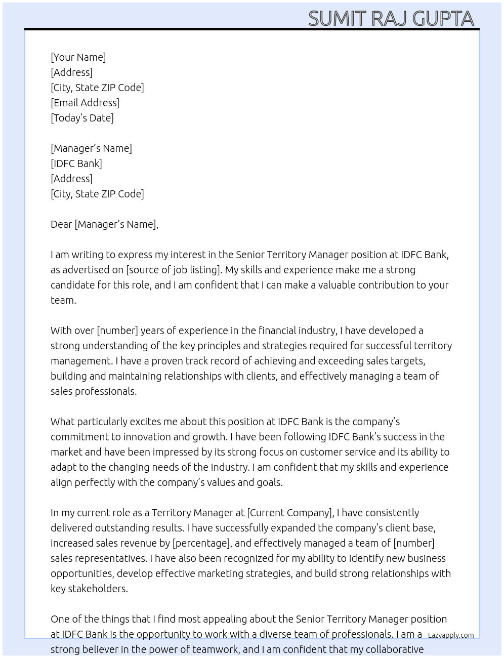 Senior Territory Manager  At IDFC Bank Cover Letter