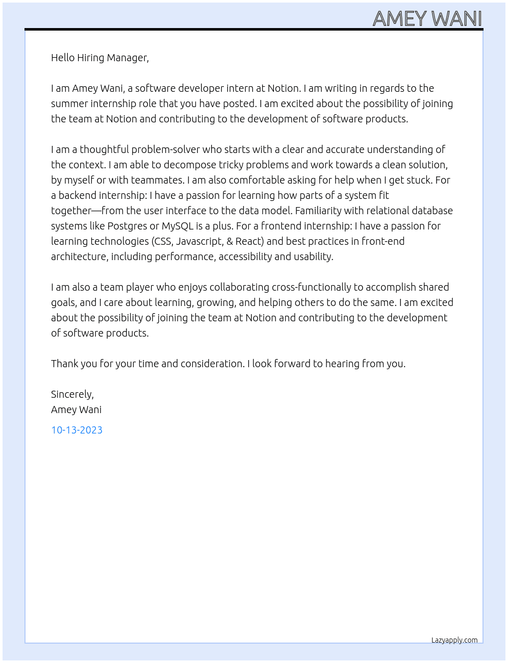 Software Devleoper Intern At Notion Cover Letter
