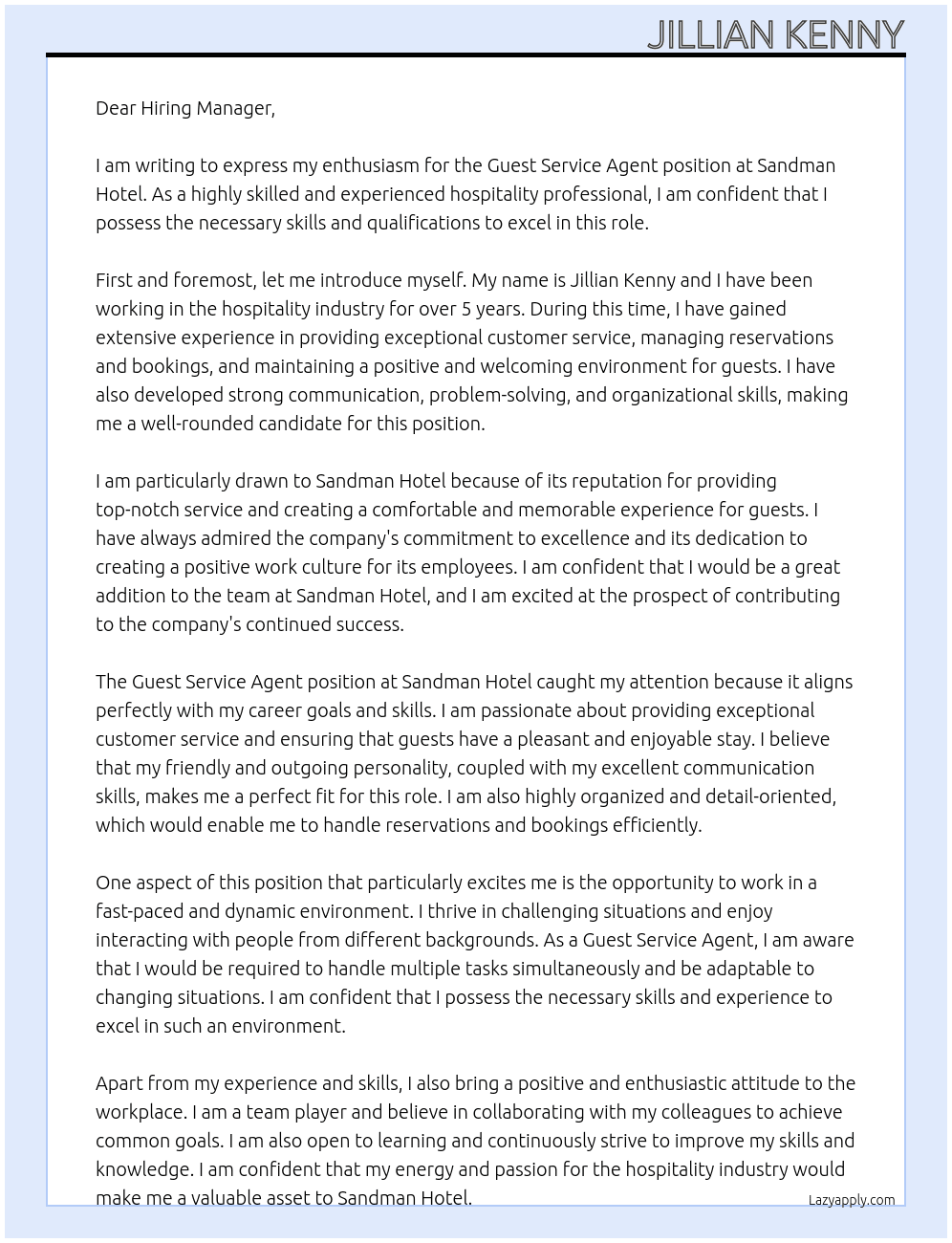 Guest Service Agent At Sandman Hotel Cover Letter