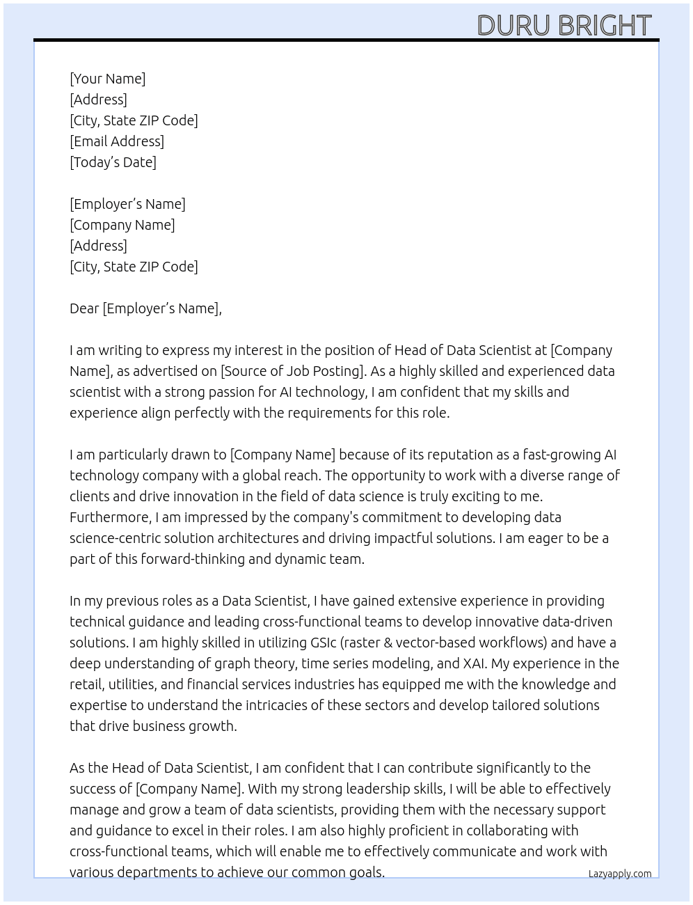 Data scientist  At Head of data scientist  Cover Letter