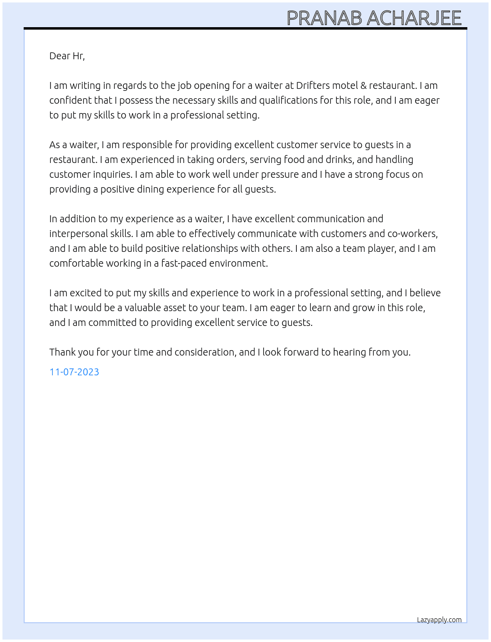 Waiter  At Drifters motel & restaurant  Cover Letter