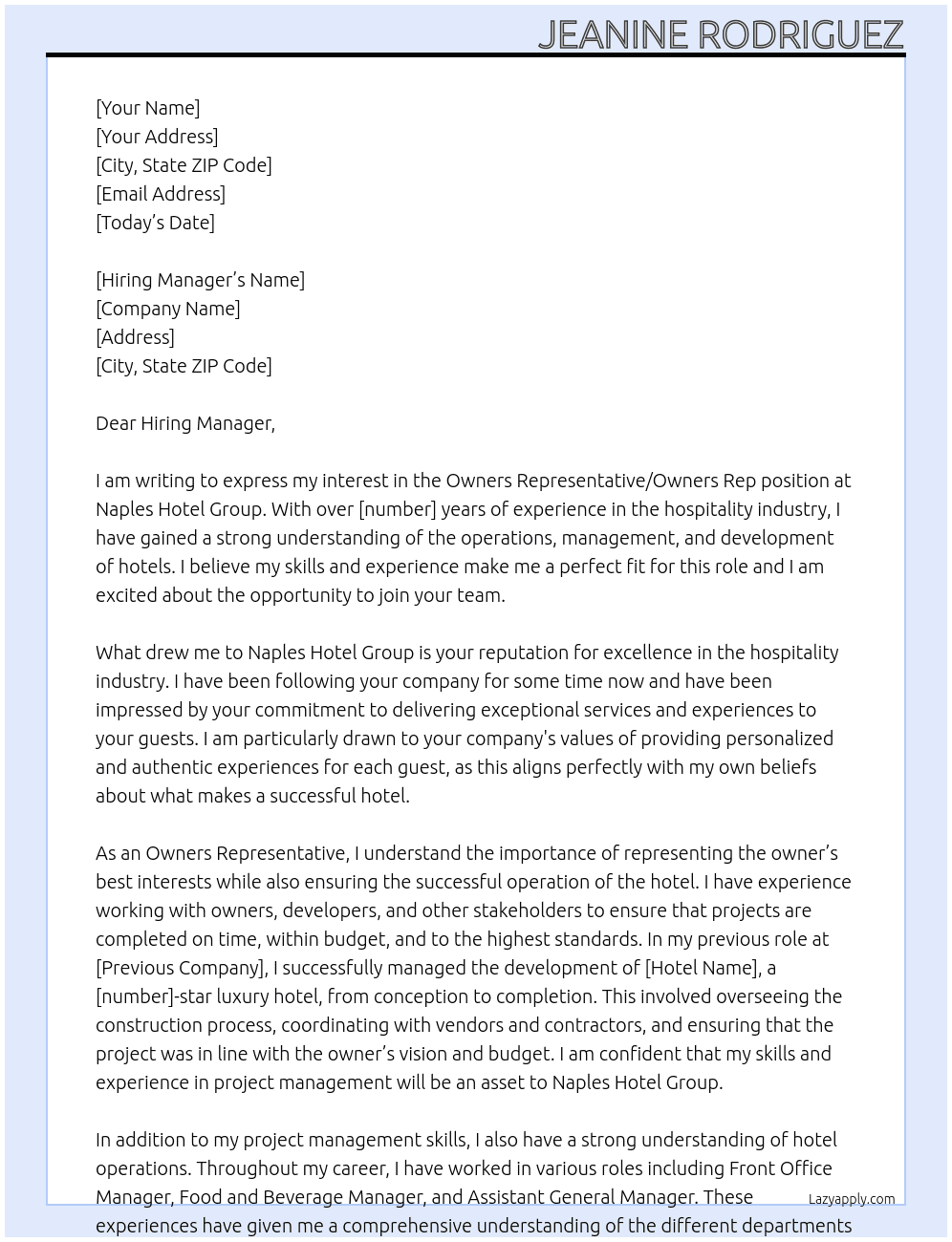 Owners representative/Owners Rep At Naples Hotel Group Cover Letter