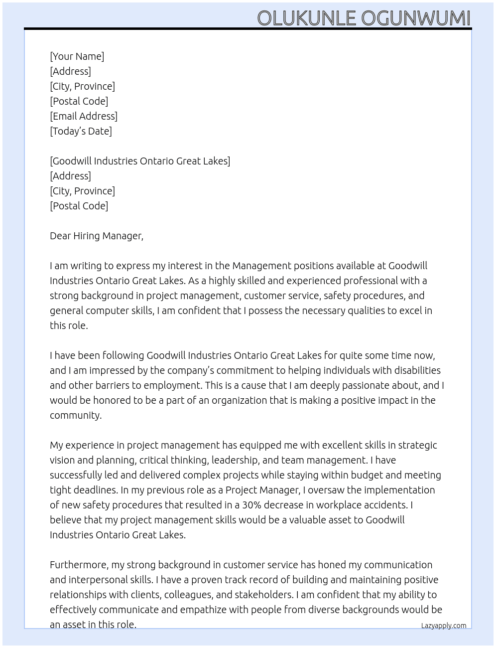Management Positions At Goodwill Industries Ontario Great Lakes Cover Letter