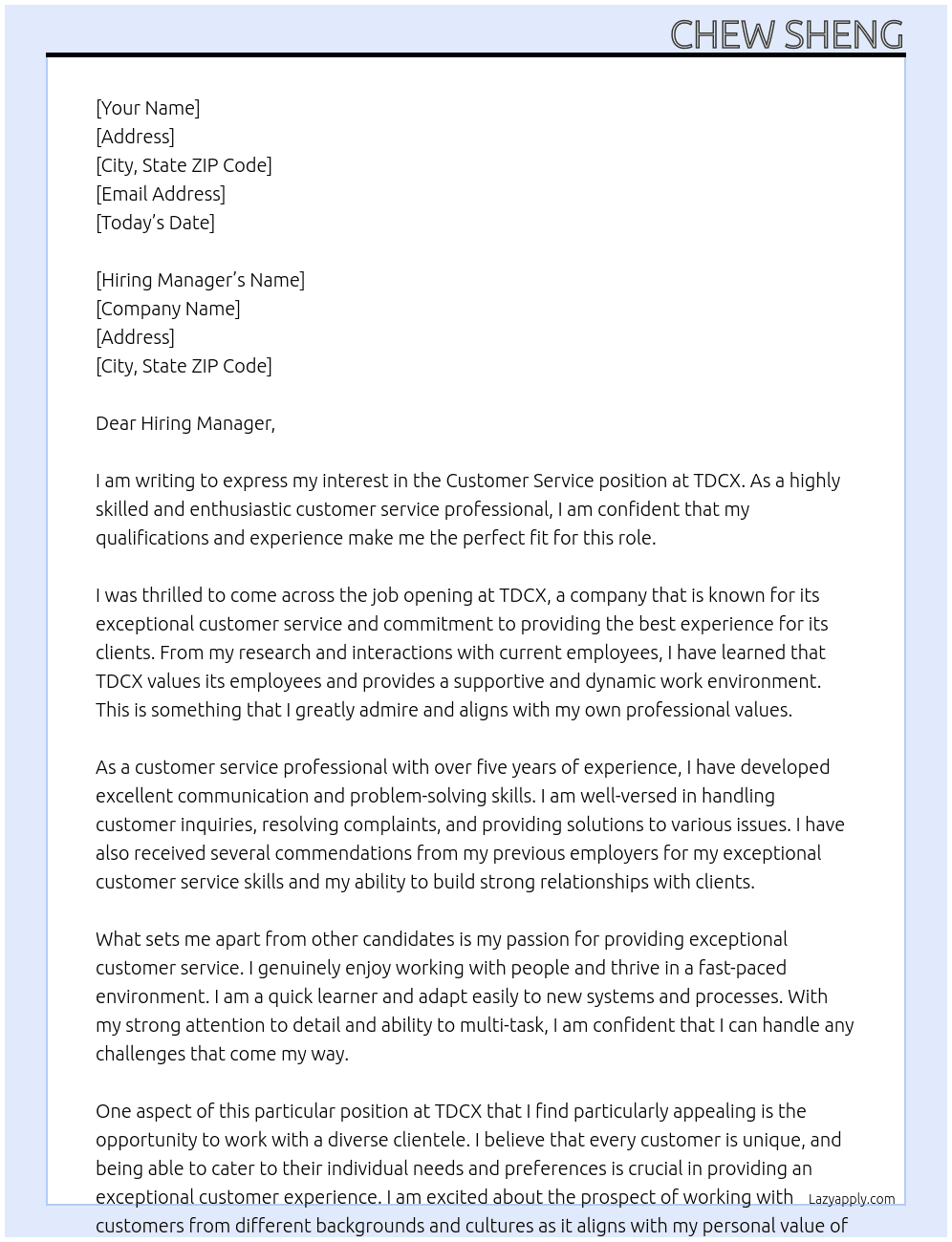 Customer service At TDCX Cover Letter