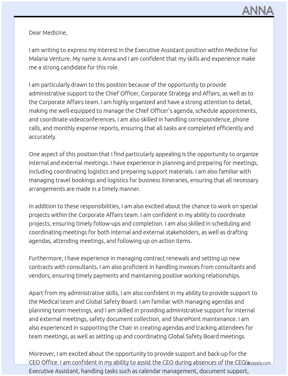 executive assistant At Medicine for Malaria Venture Cover Letter