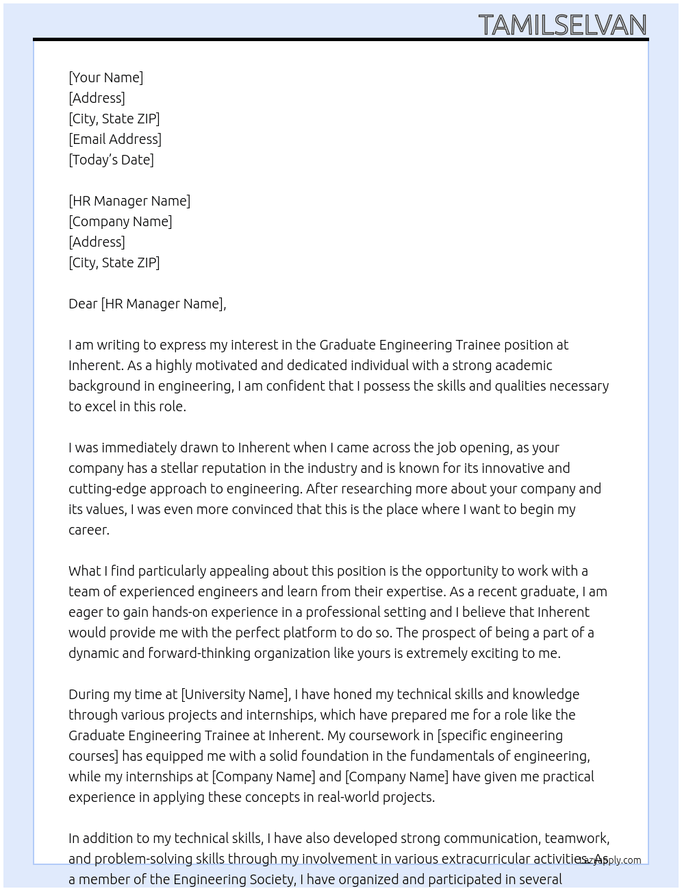 Graduate Engineering Trainee At Inherent  Cover Letter