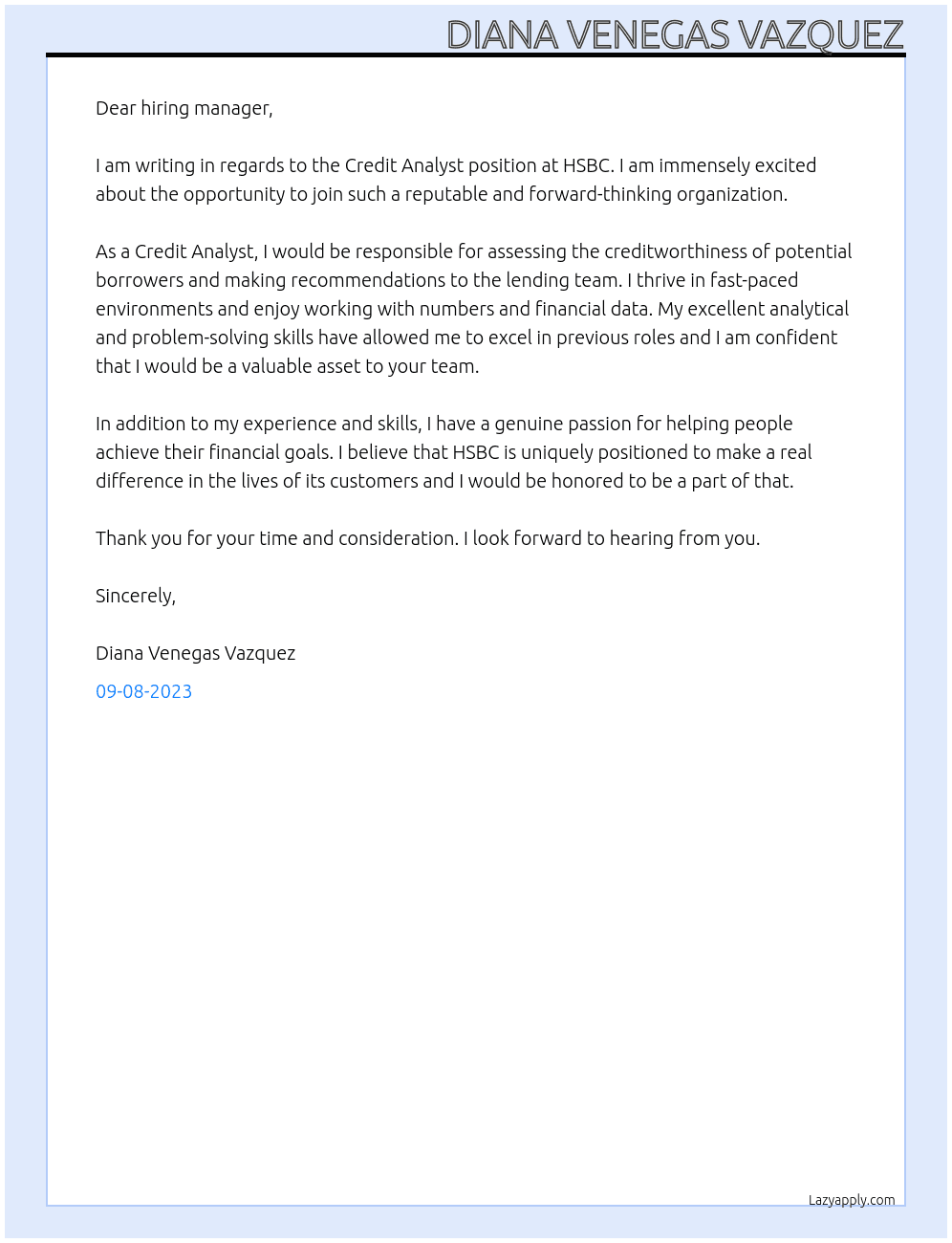 Credit Analyst At HSBC Cover Letter