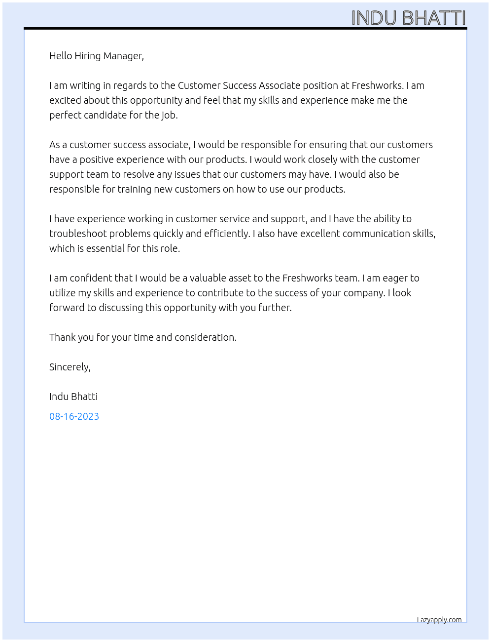 Customer Succuess Associate At Freshworks Cover Letter