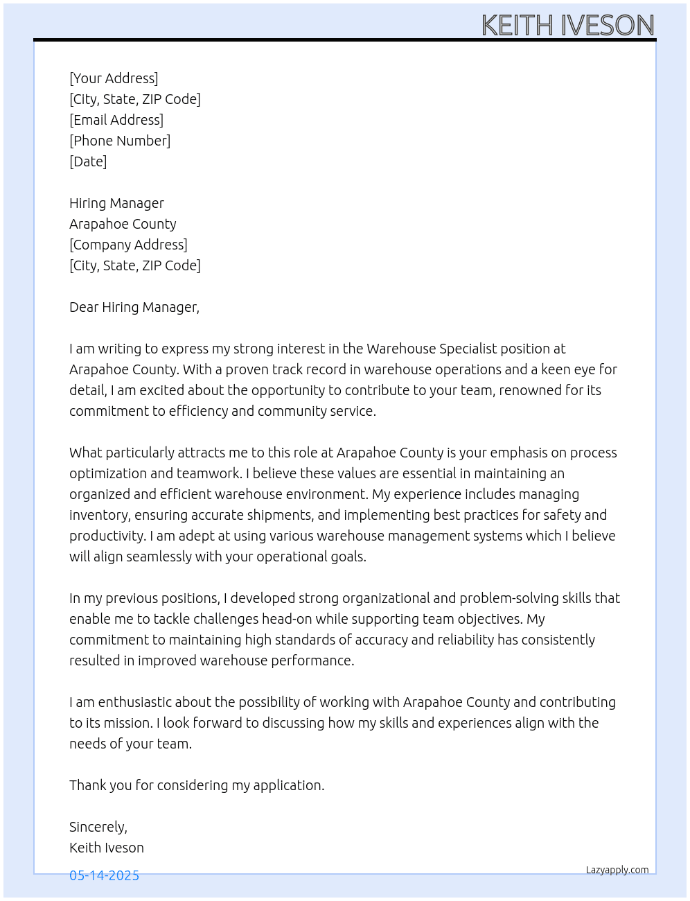 Warehouse Specialist At Arapahoe County  Cover Letter