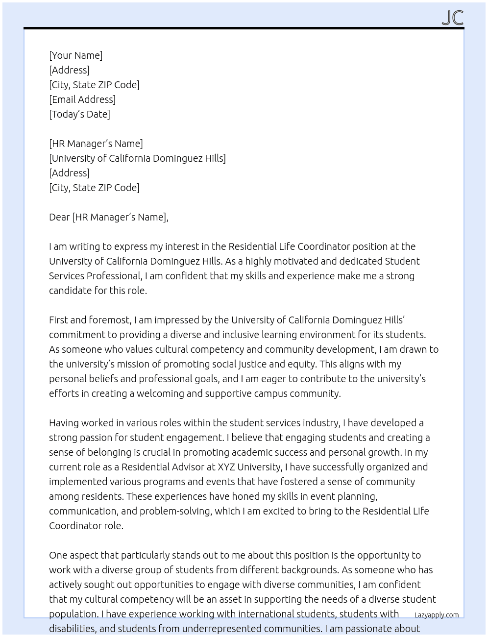 Residential Life Coordinator (Student Services Professional II) At University of California Dominguez Hills Cover Letter