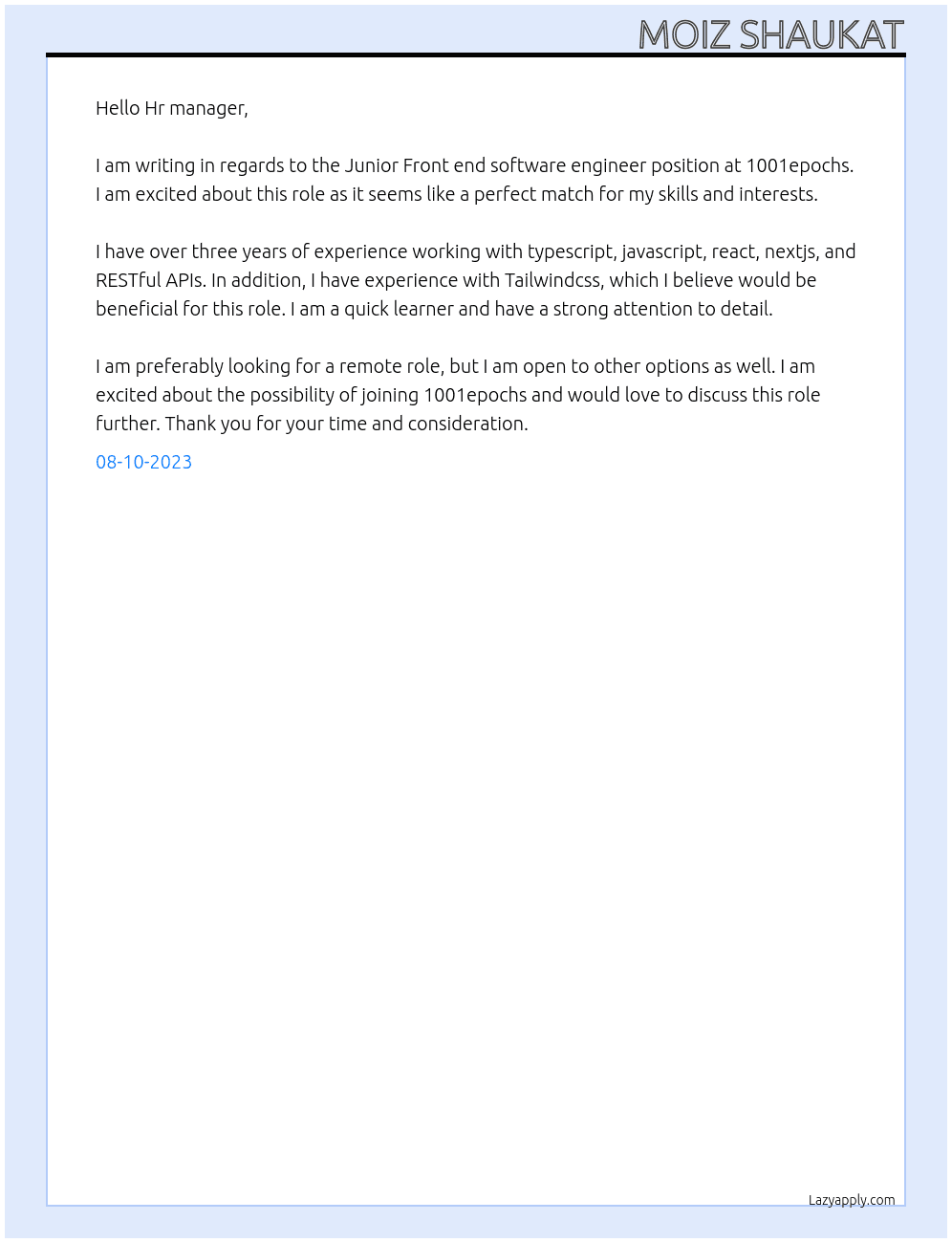 Junior Front end software engineer At 1001epochs Cover Letter