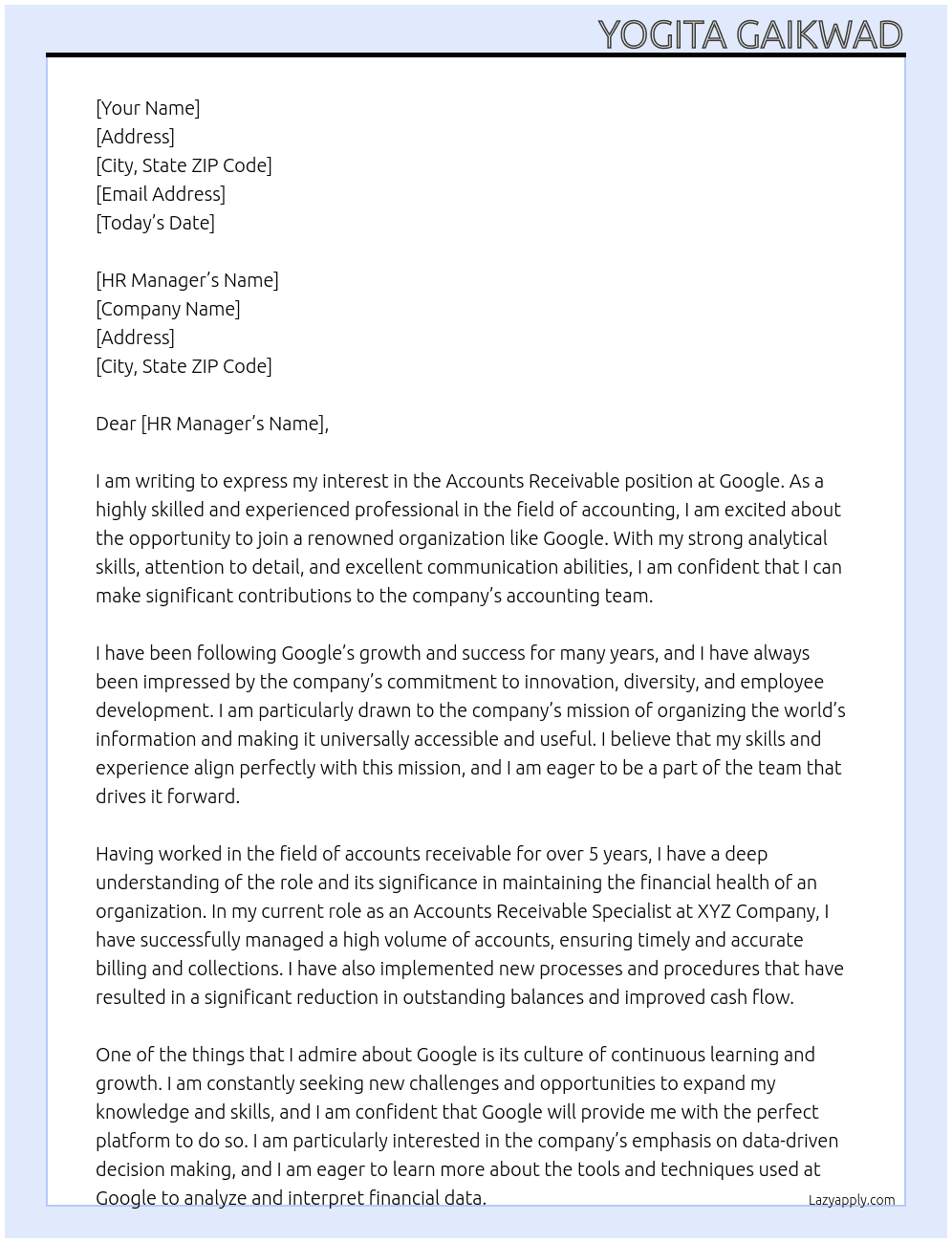 Accounts receivable  At Google Cover Letter