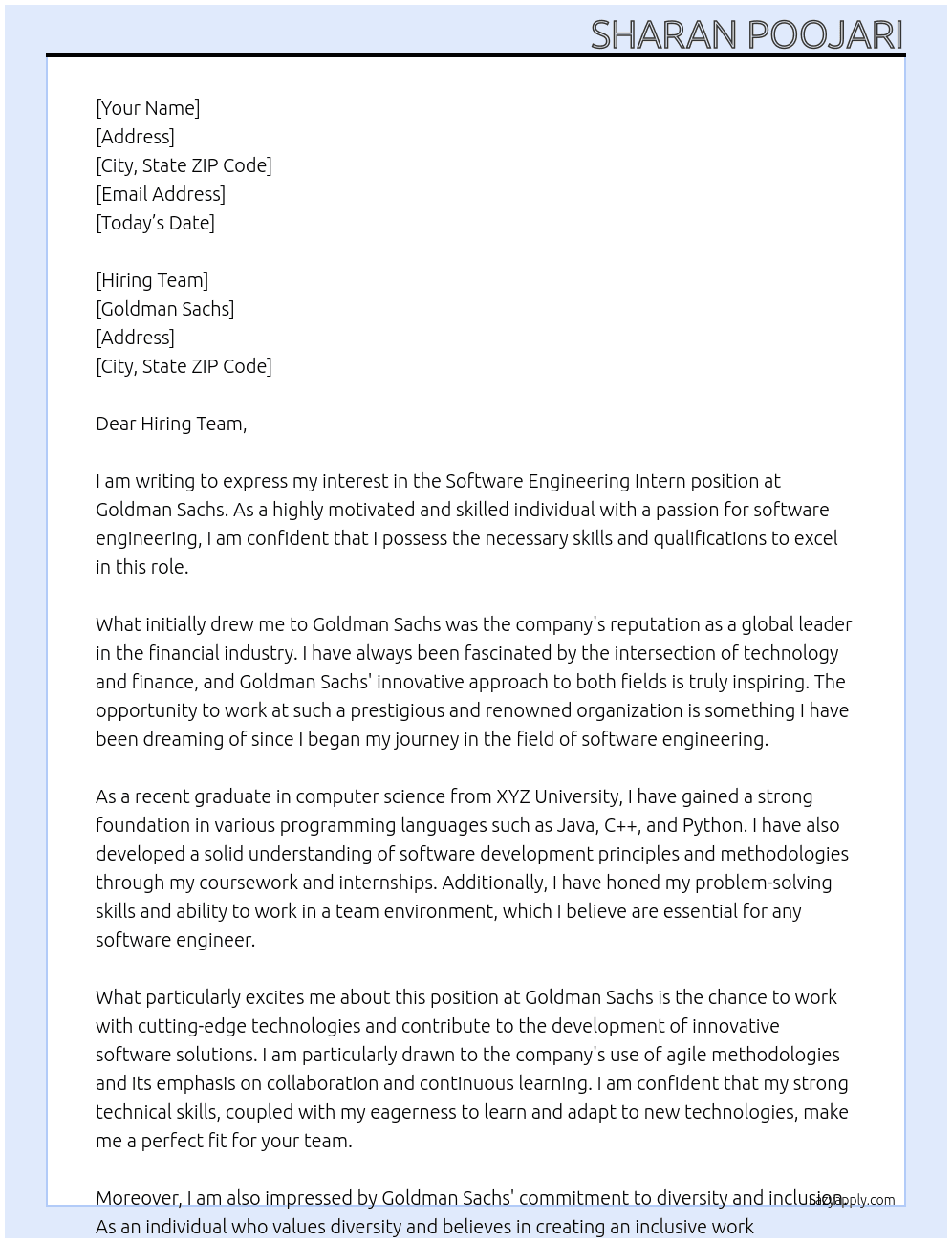 Software Engineering Intern At Goldman Sachs Cover Letter