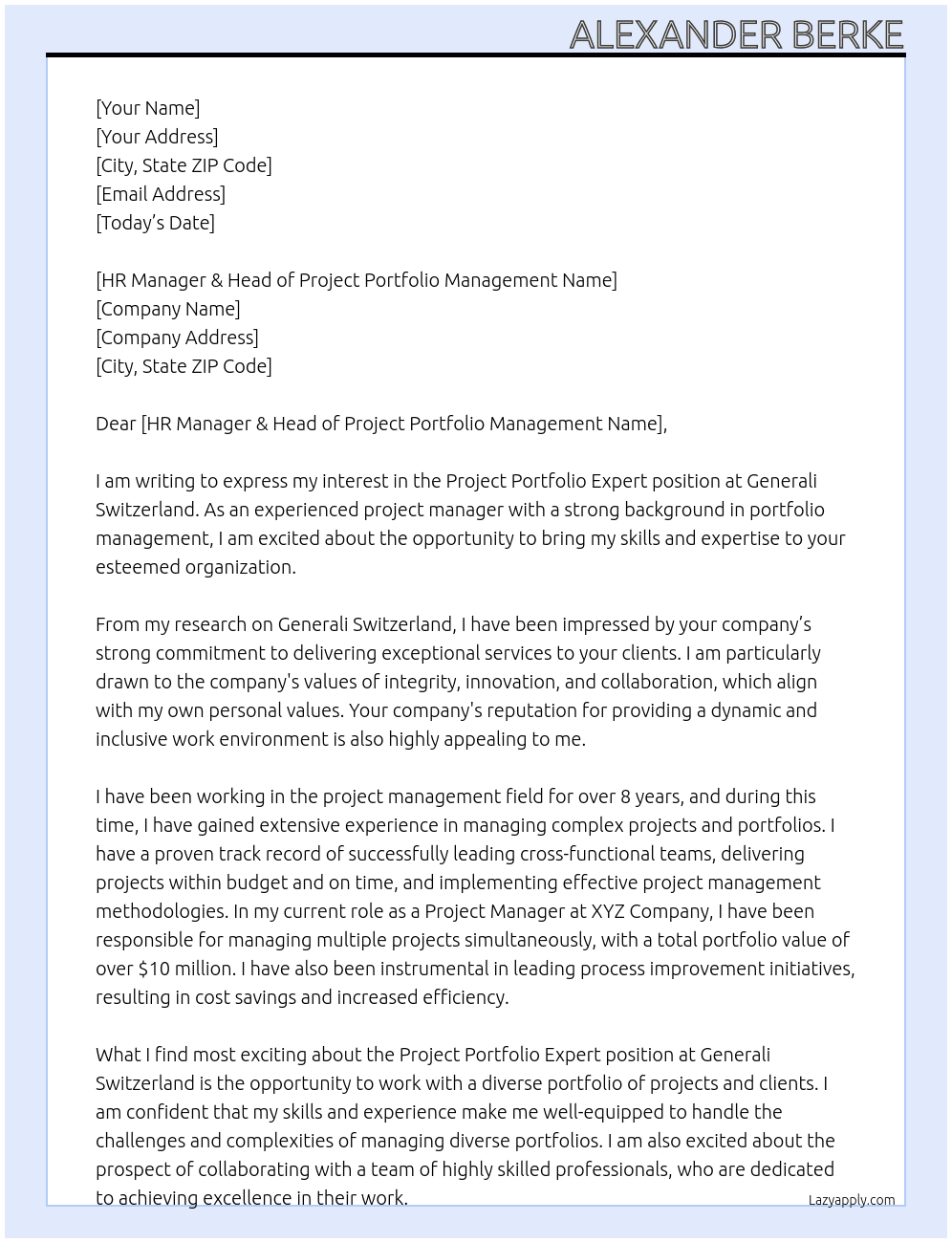 Project Portfolio Expert At Generali Switzerland Cover Letter