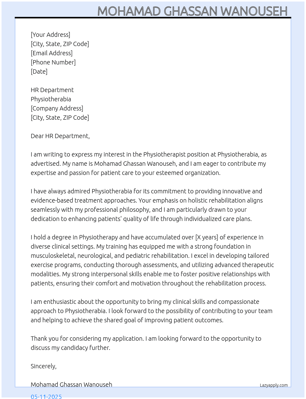 Physiotherapist  At Physiotherabia Cover Letter