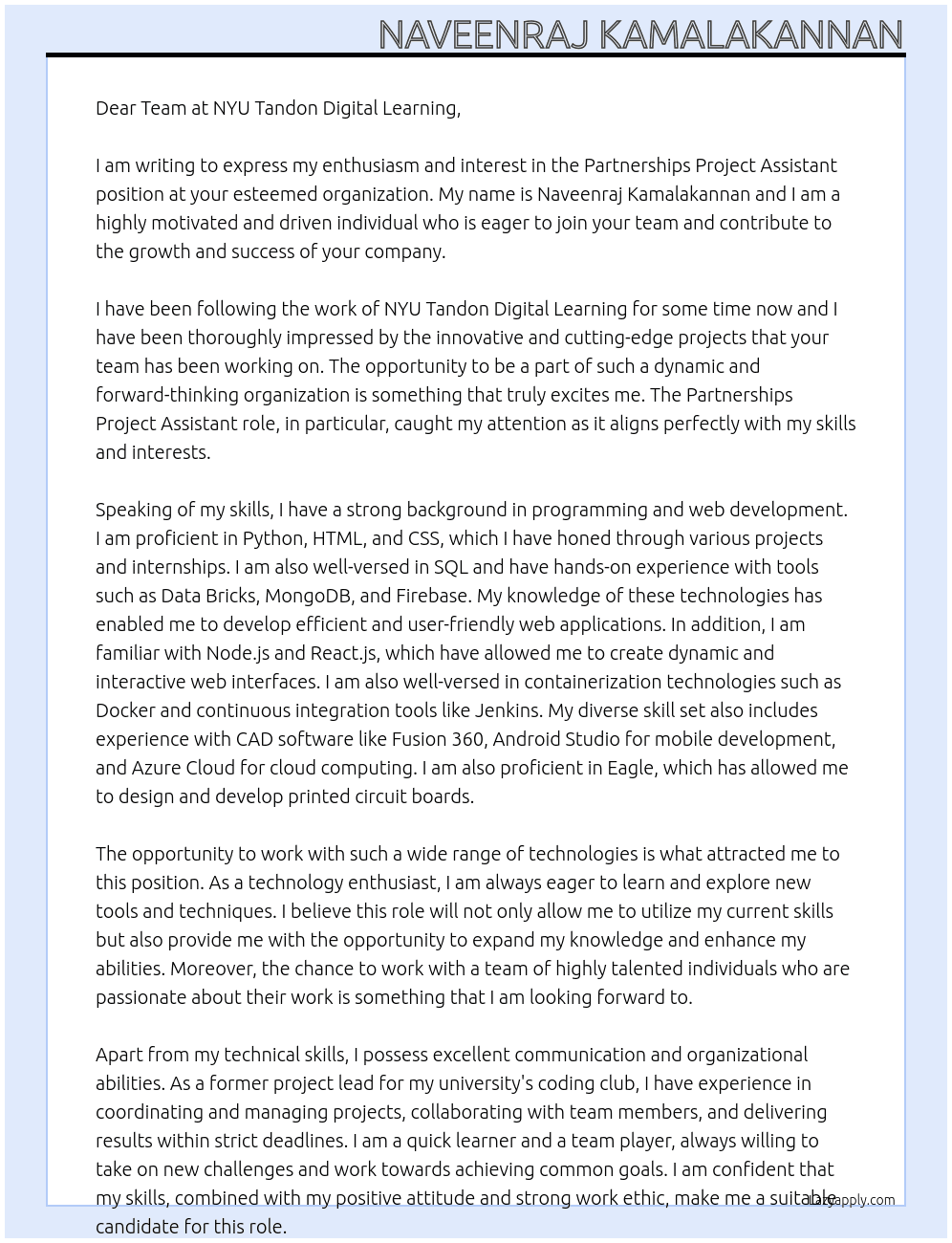 Partnerships Project Assisstant At NYU Tandon Digital Learning Cover Letter