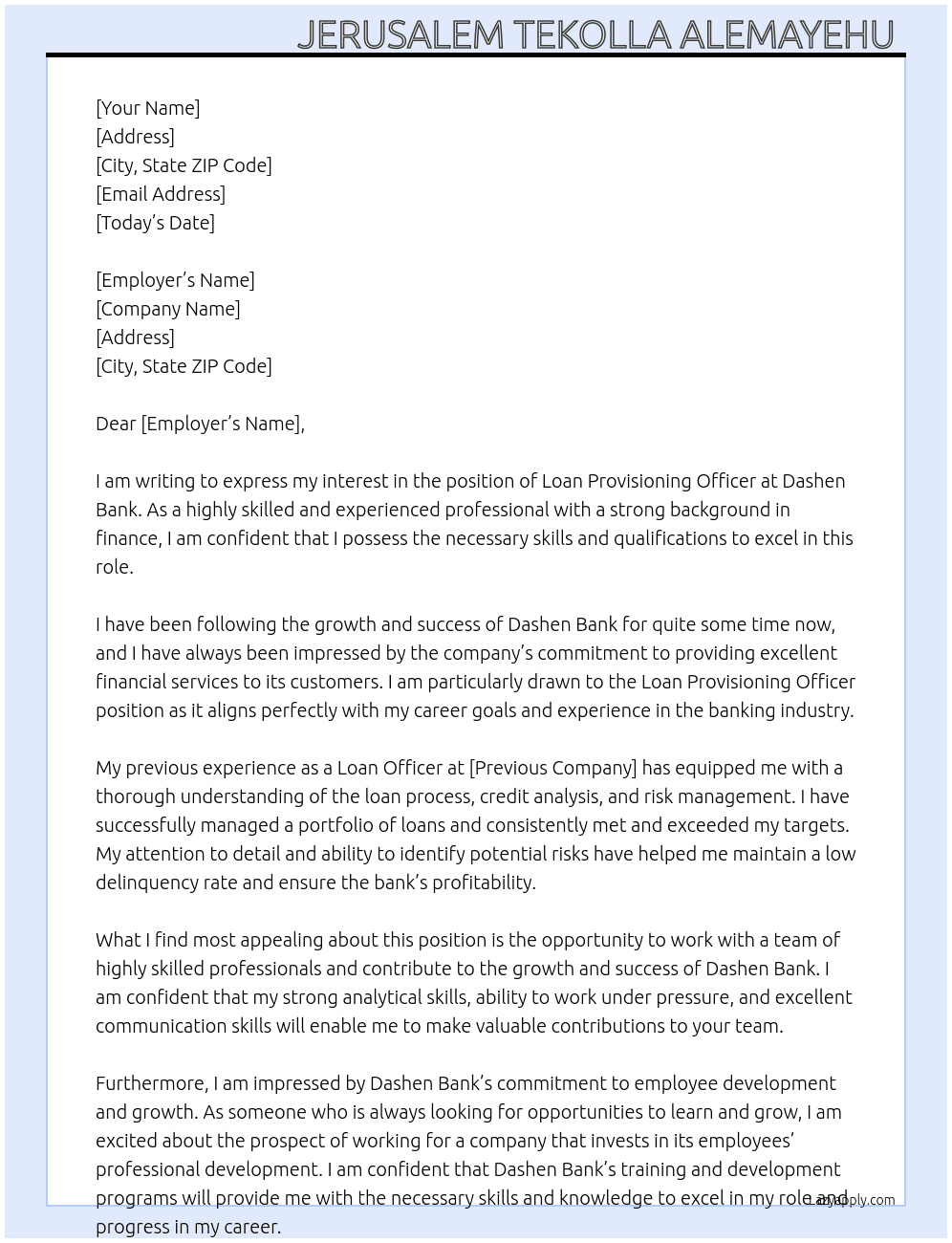 Loan  Provisioning Officer  At Dashen Bank  Cover Letter