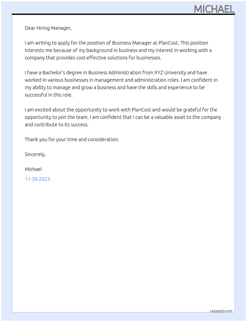 Business Manager At PlanCost Cover Letter
