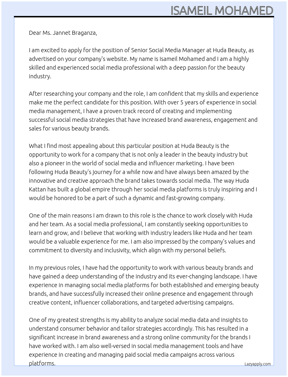 Senior social media manager At huda beauty Cover Letter