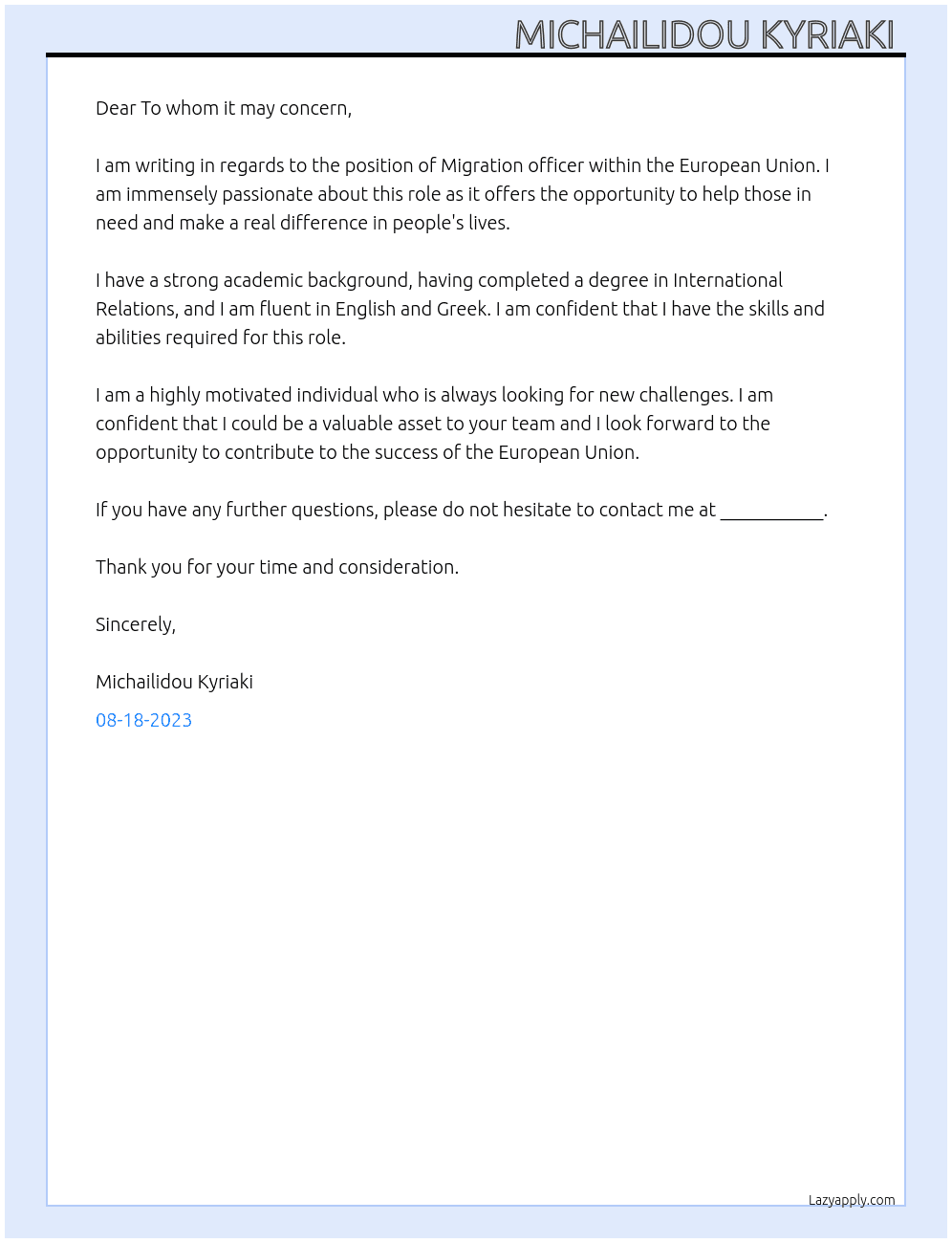 Migration officer At European Union  Cover Letter
