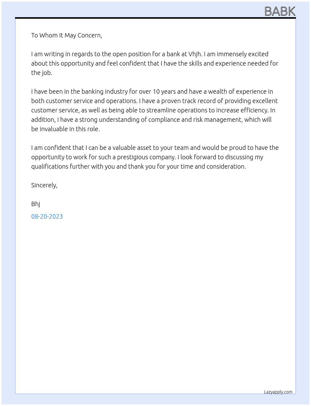 Bank At Vhjh Cover Letter
