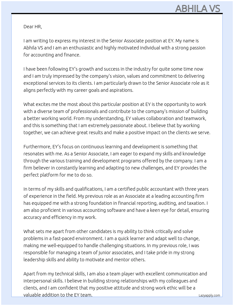 Senior Associate At EY Cover Letter