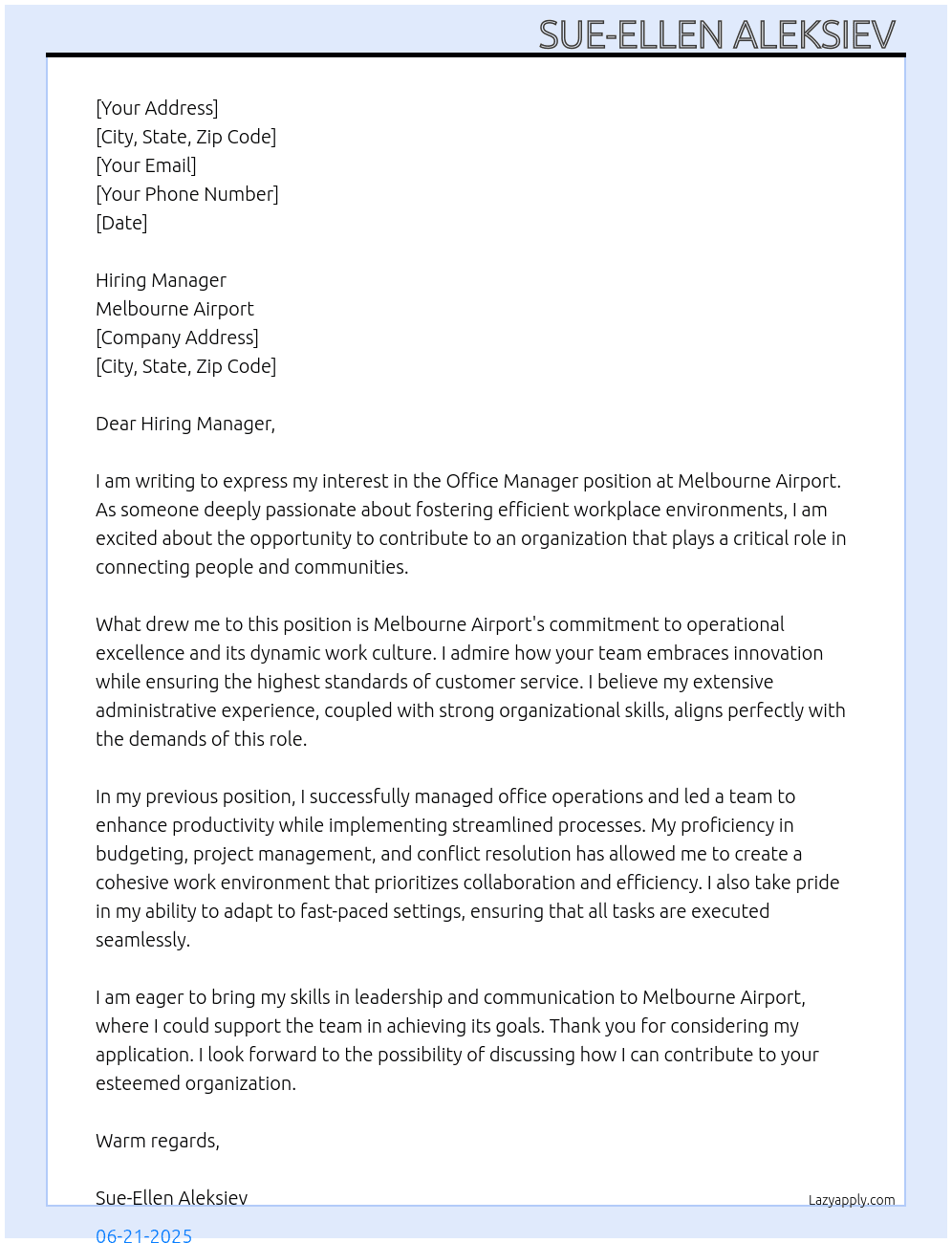 Office Manager  At Melbourne Airport  Cover Letter
