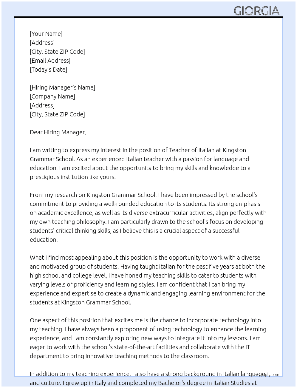 Teacher of Italian  At Kingston Grammar School Cover Letter
