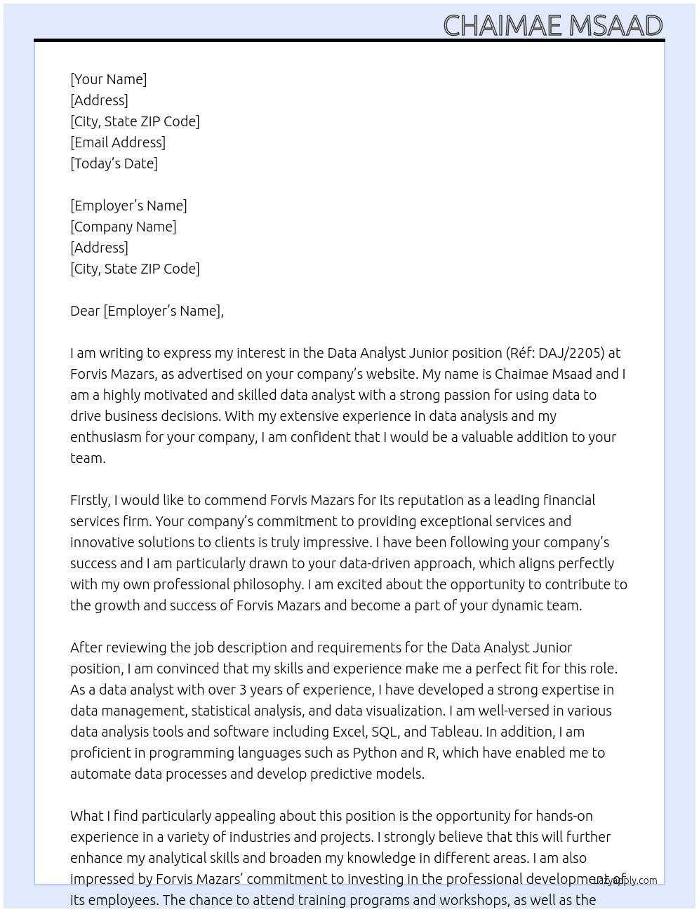 Data Analyst Junior (Réf: DAJ/2205) At Forvis Mazars Cover Letter