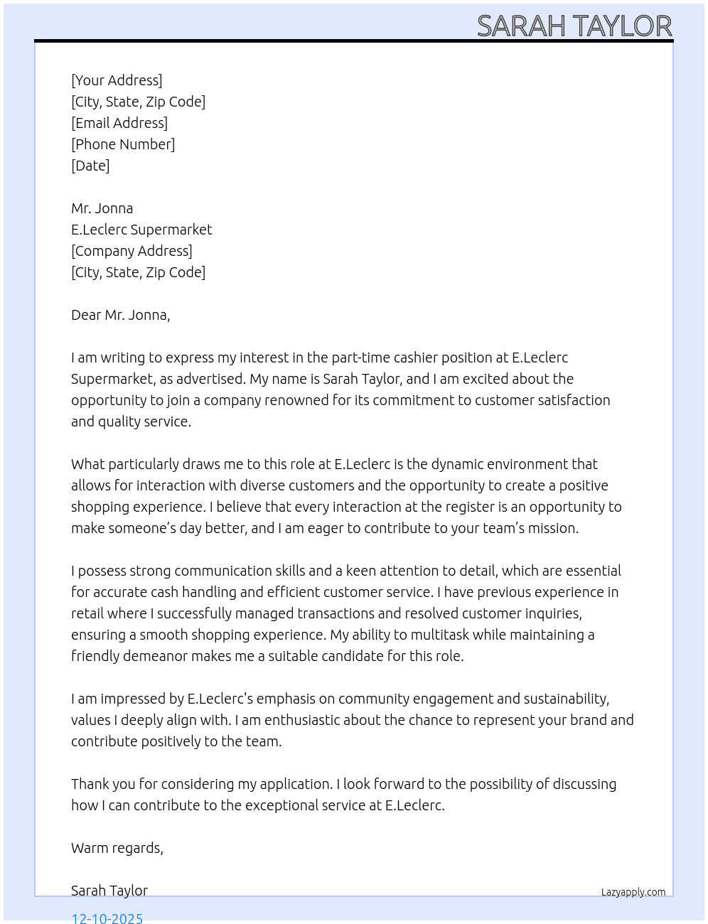 cashier At E.leclerc supermarket Cover Letter