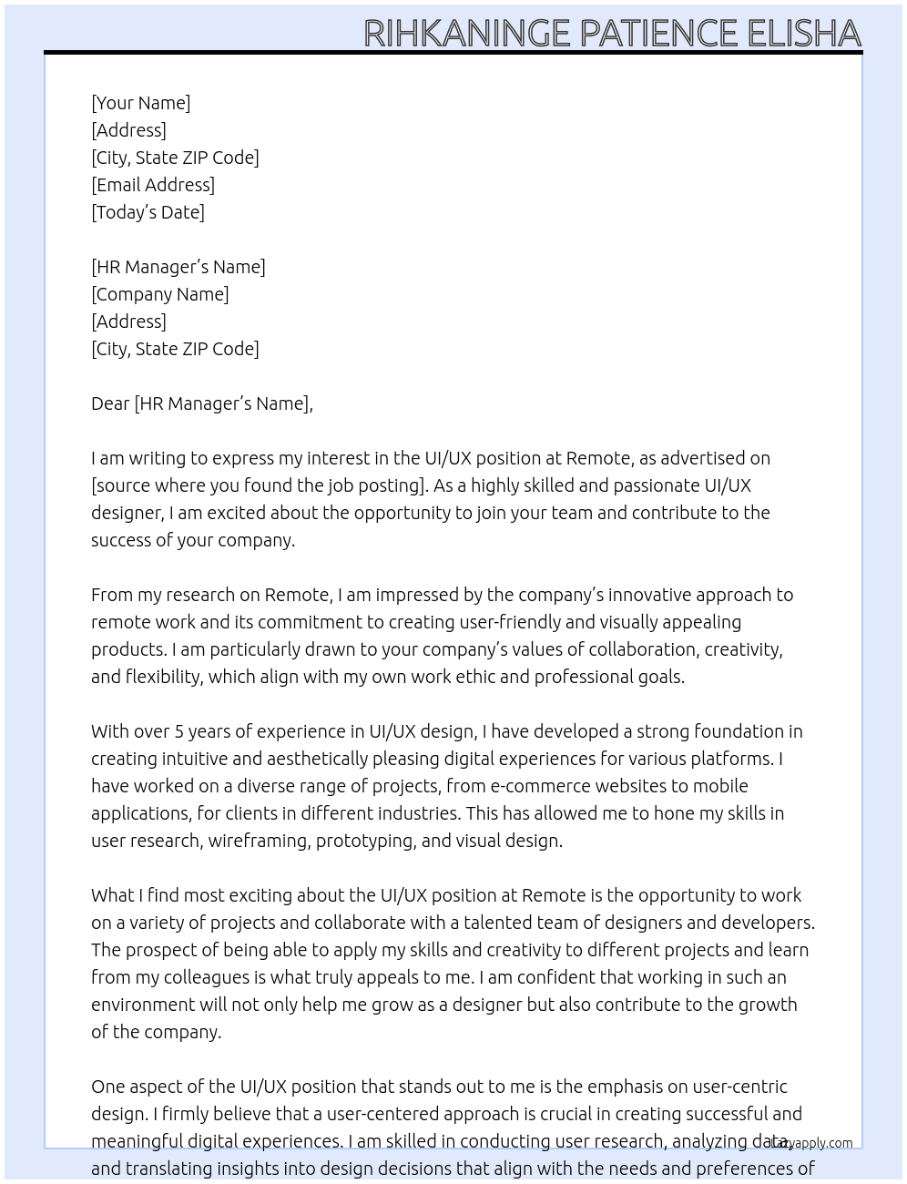 UI/UX  At Remote Cover Letter