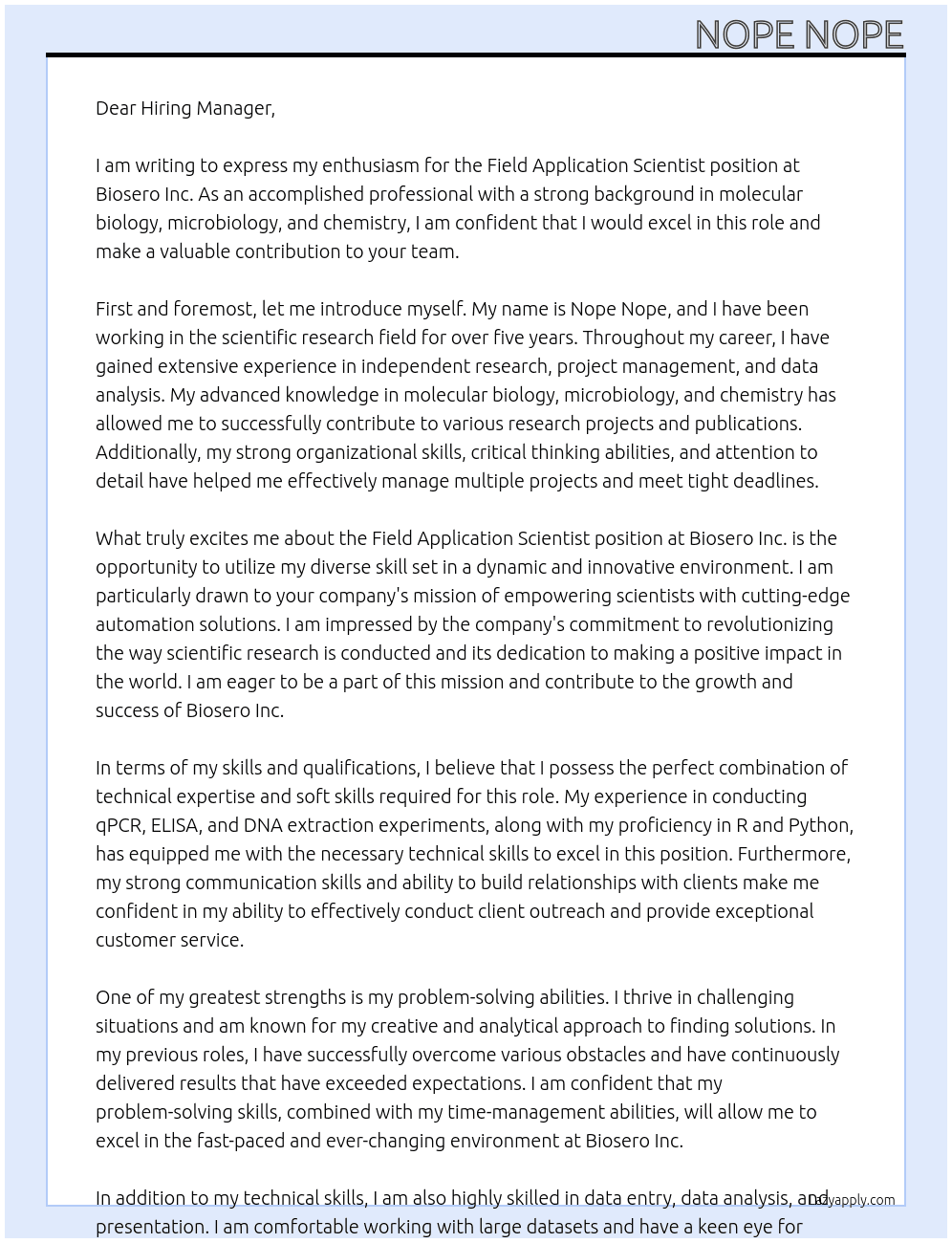 Field Application Scientist At Biosero Inc. Cover Letter