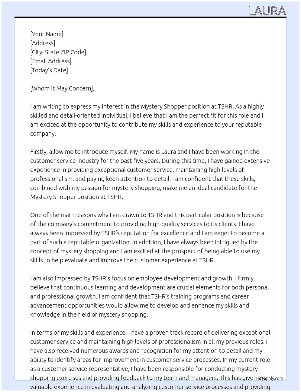 Mystery Shopper At TSHR Cover Letter