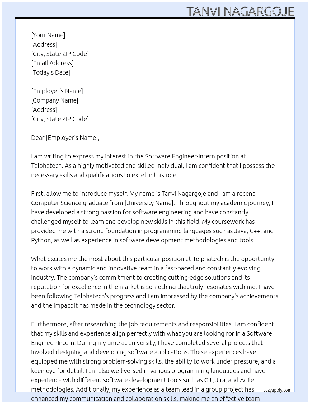 Cover letter for software engineer-intern - LazyApply