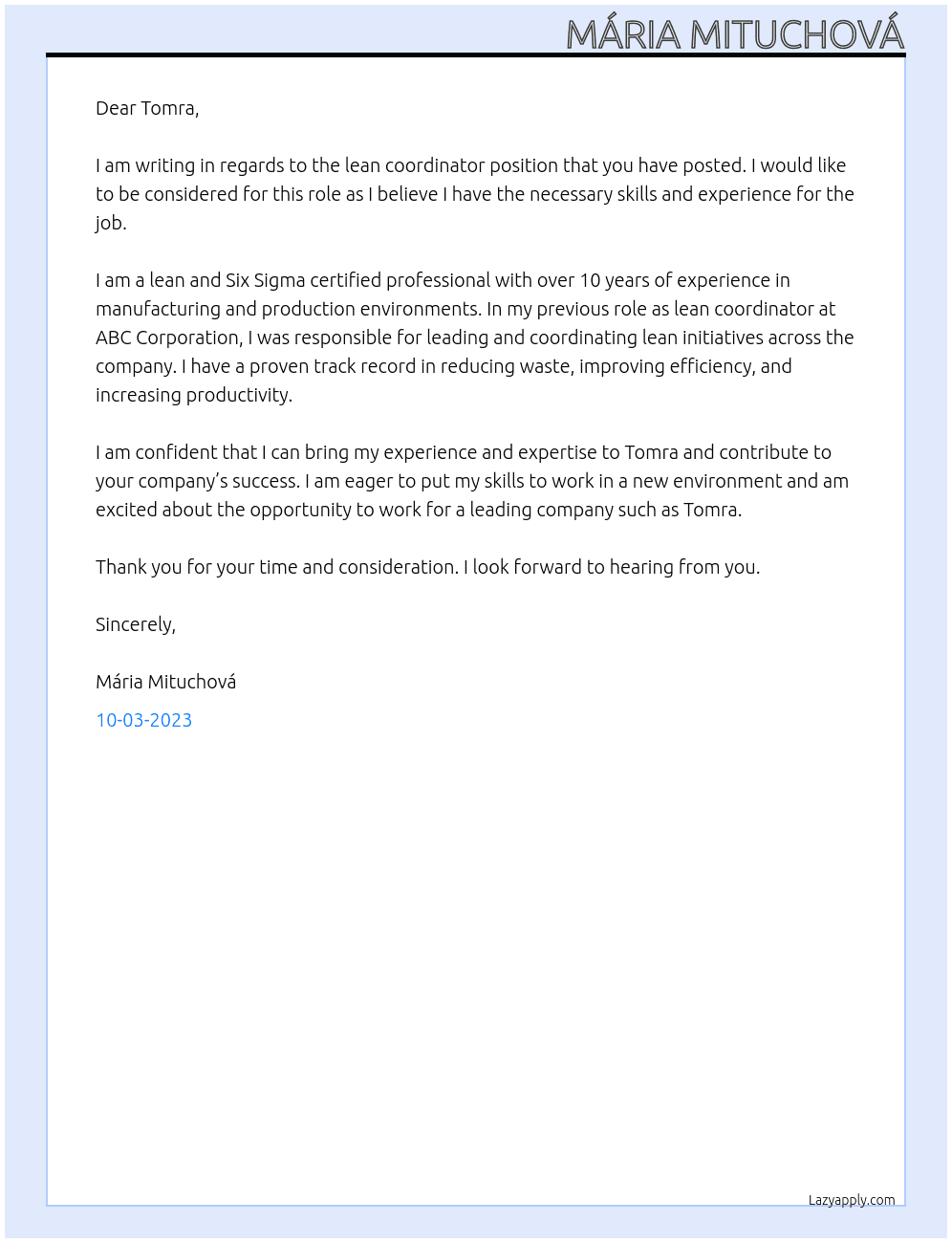 lean coordinator At Tomra Cover Letter