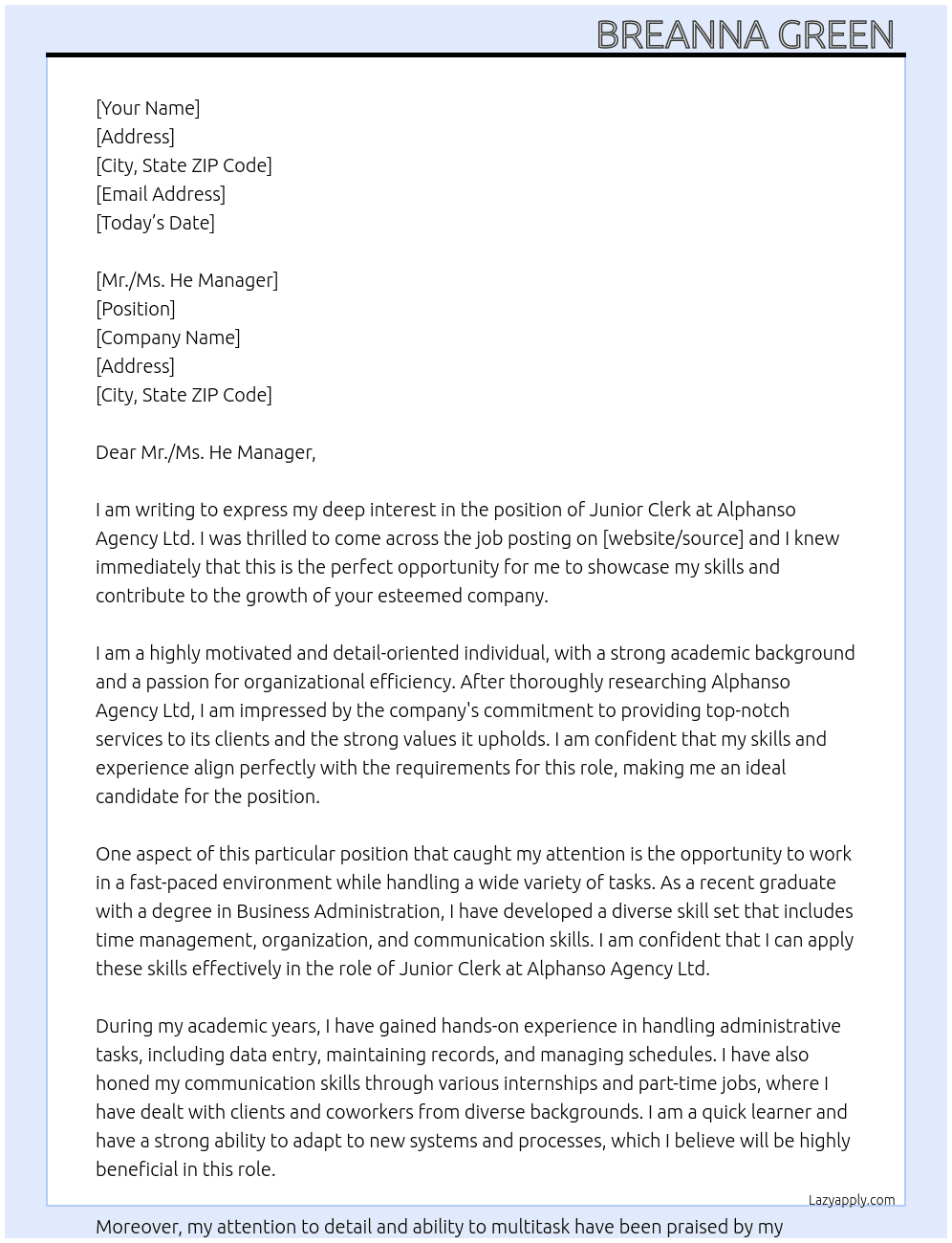 Junior Clerk At Alphanso Agency Ltd Cover Letter